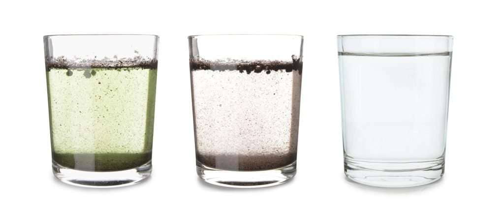 Three glasses of water showing the filtration process