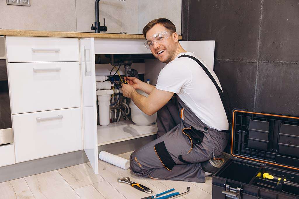 Professional plumber working on water softener